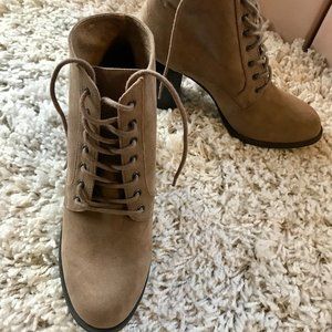 Faux Suede Lace-Up Block Heel Tan Boots US 9